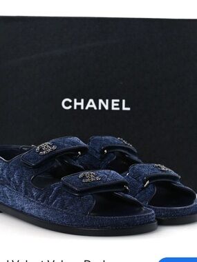 RARE CHANEL Navy Velvet Double-Strap Denim Dad Sandals with CC Hardware 39